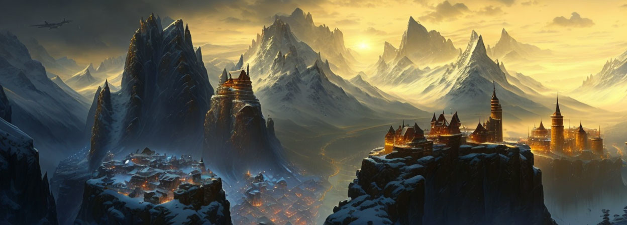 Snow-covered mountains with illuminated castles under a twilight sky