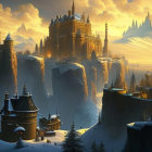 Snow-covered fantasy cityscape with towering spires and castles in golden sunset light