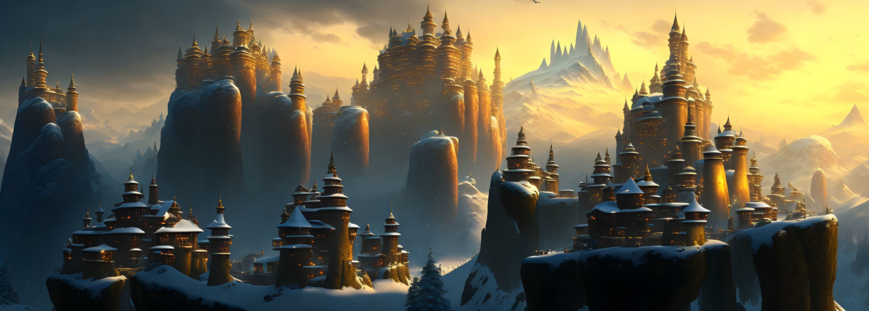 Snow-covered fantasy cityscape with towering spires and castles in golden sunset light