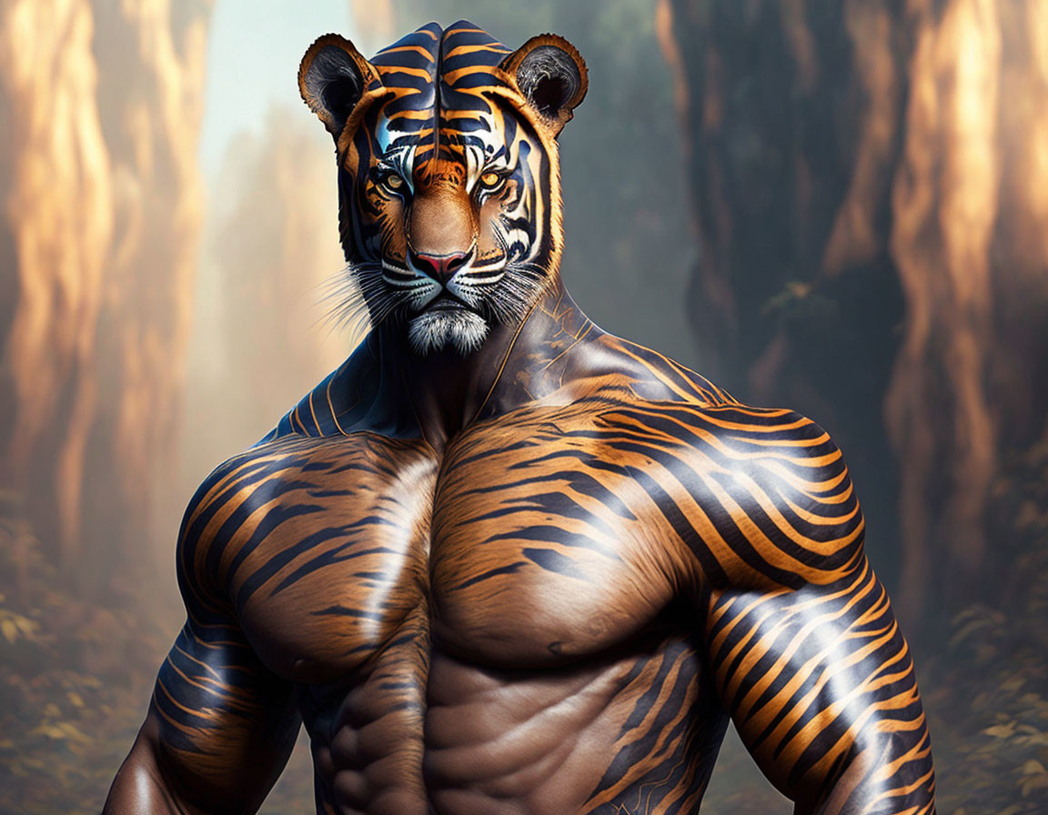 Digital artwork: Tiger head on human body with tiger stripes in forest fire setting