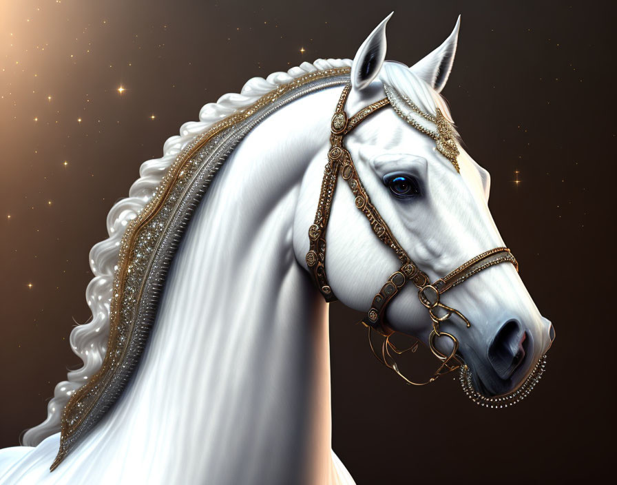 Detailed White Horse with Bridle in Realistic Digital Illustration