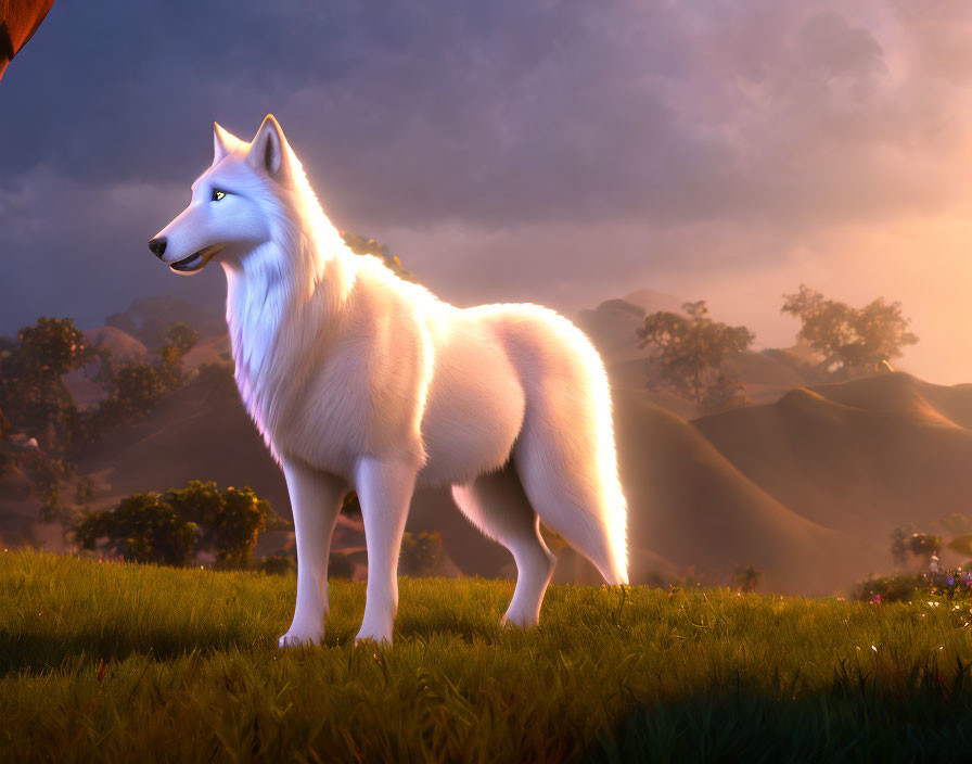 White Wolf Standing on Grassy Hill at Sunrise