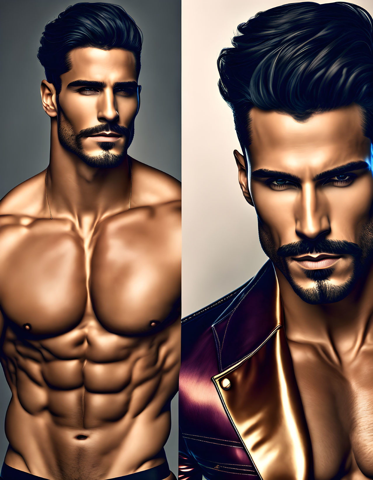 Muscular man with slicked-back hair and beard in digital artwork