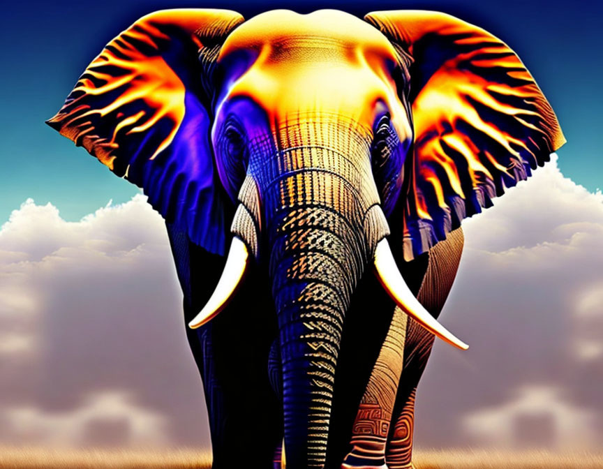 Colorful Elephant Artwork: Blue and Orange Tones on Cloudy Sky