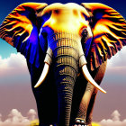 Colorful Elephant Artwork: Blue and Orange Tones on Cloudy Sky