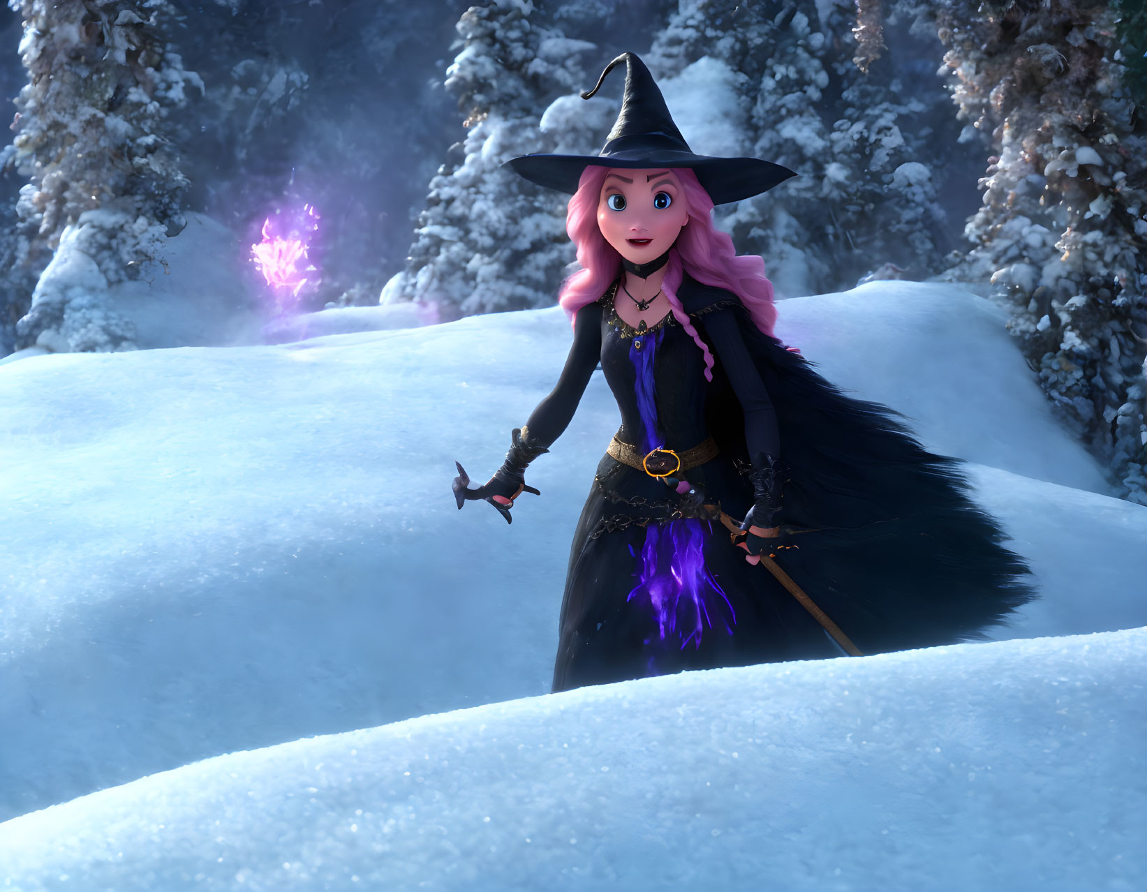 Pink-haired animated witch casting purple spell in snowy forest