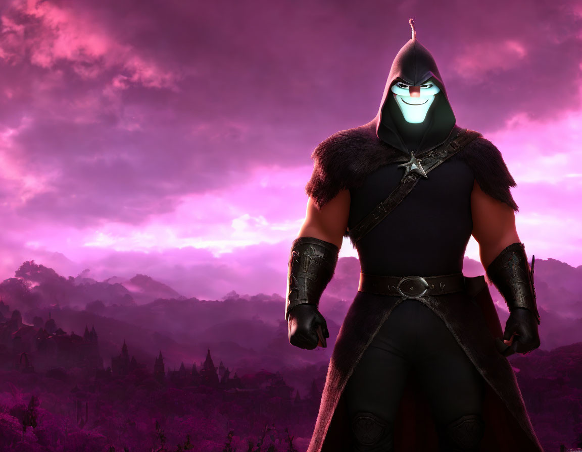 Mysterious animated character in black costume and cape against purple sky