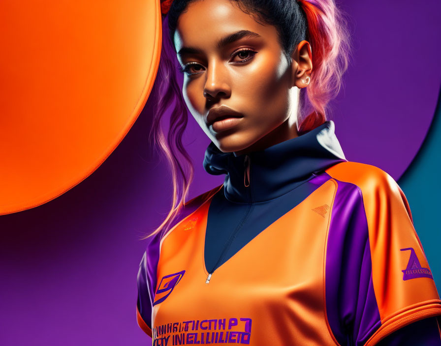 Stylish woman in purple makeup and sports jersey against purple backdrop