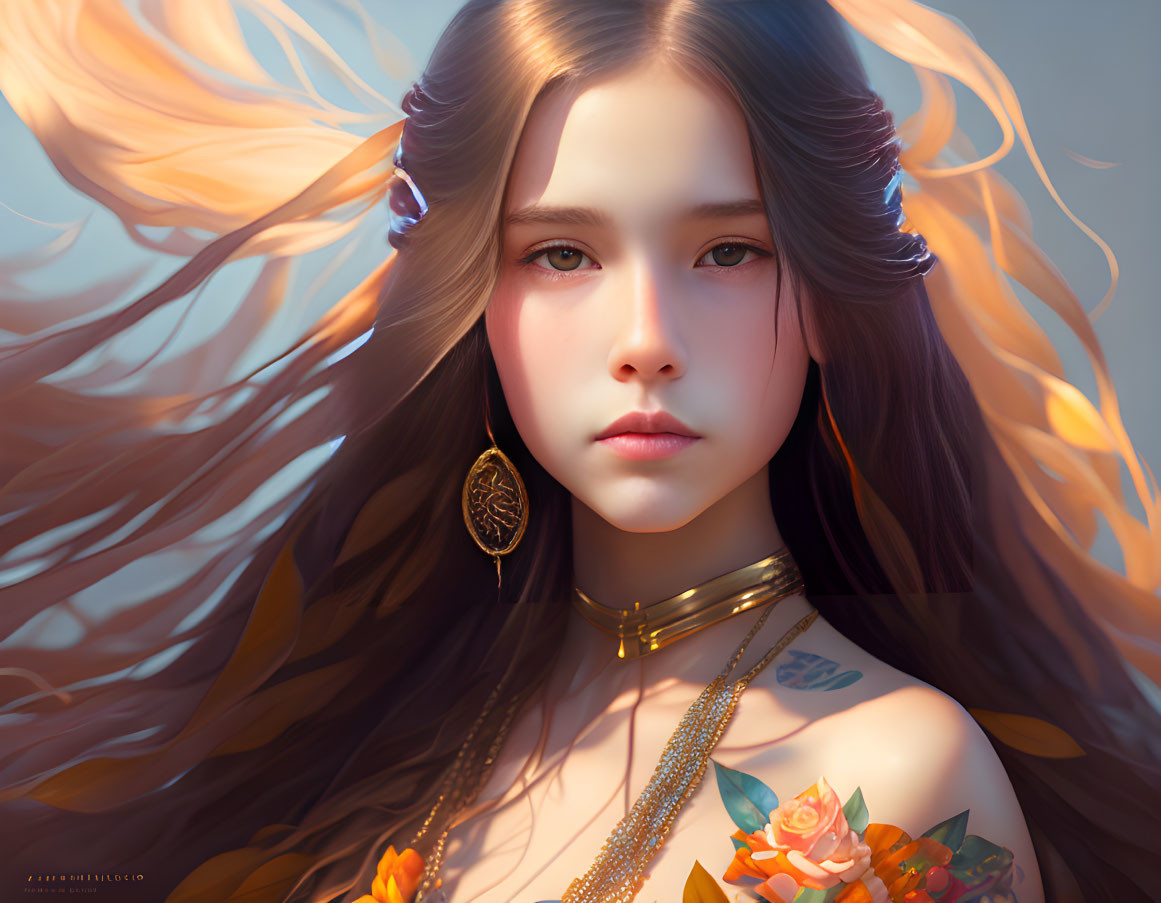 Young girl digital painting: flowing hair, golden jewelry, rose tattoo.