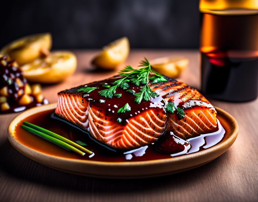 Fresh Grilled Salmon Fillet with Lemon, Parsley, and Wine