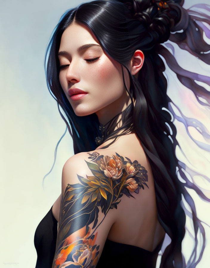 Woman with Black Hair and Floral Tattoo Featuring Surreal Ribbon Effect