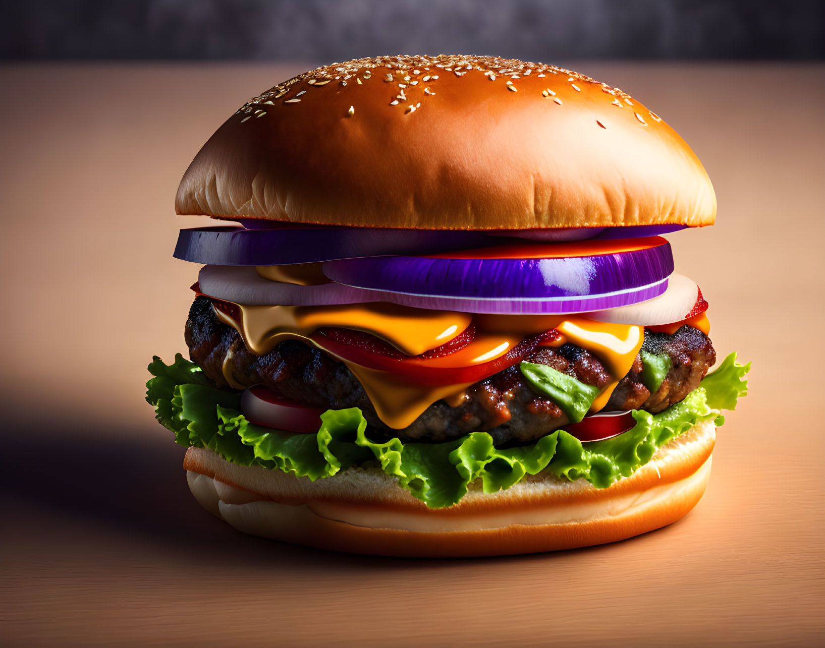 Delicious hamburger with lettuce, tomato, cheese, and more on wooden table