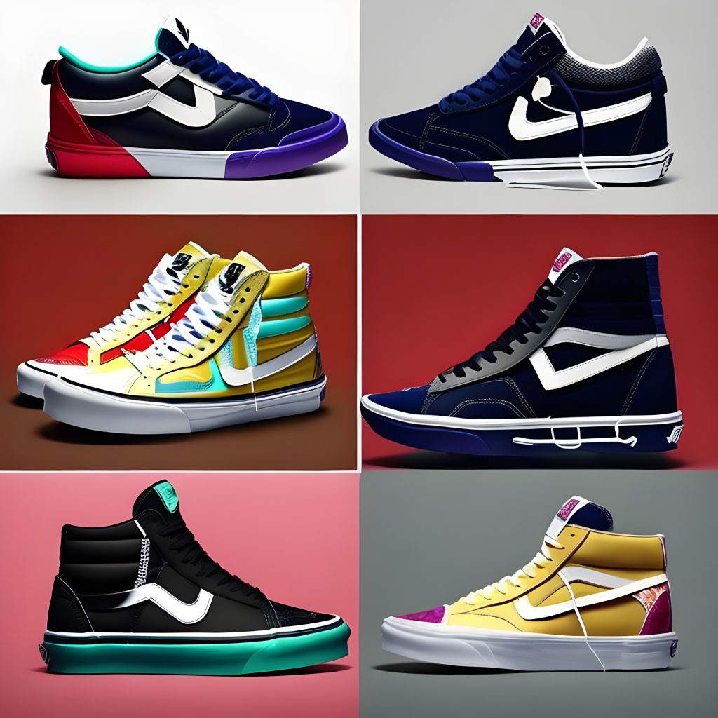 Six High-Top Sneakers in Various Colors on Two-Tone Background