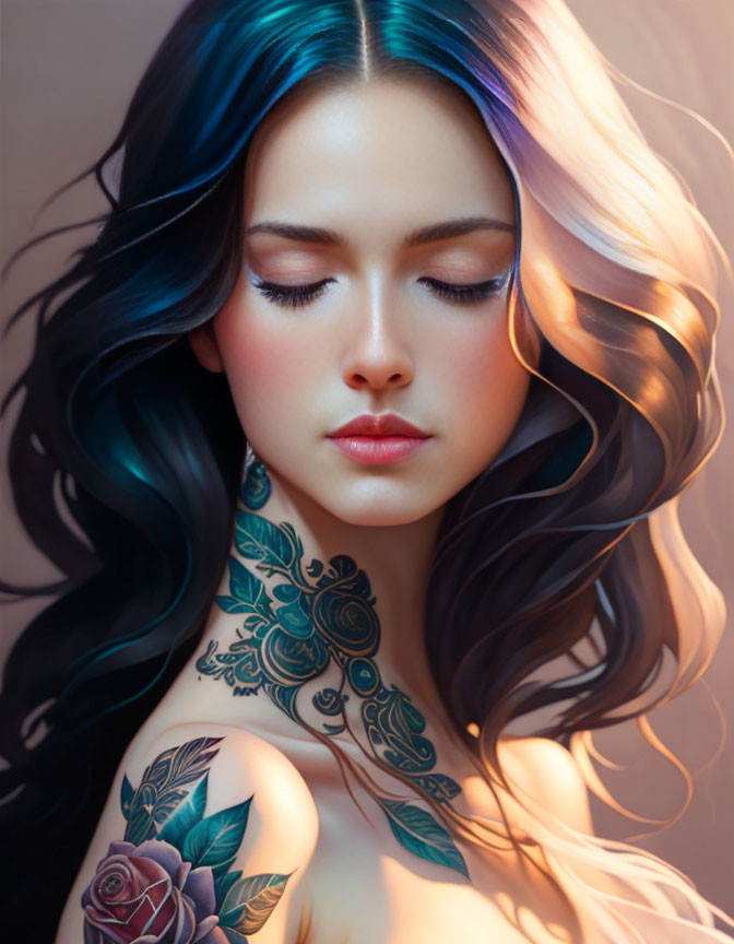 Multicolored hair woman with intricate tattoos in serene light