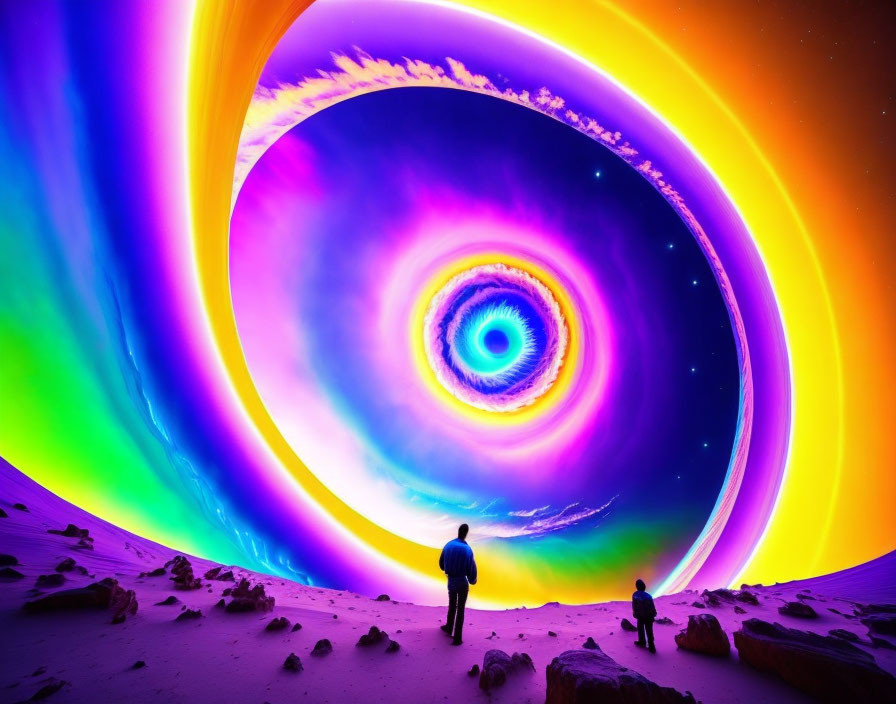 Person standing on surreal landscape gazing at swirling vortex of vibrant colors