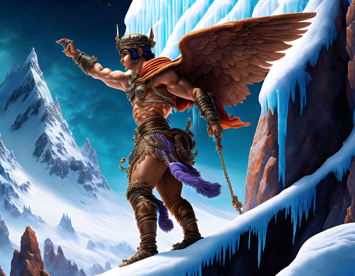 Winged mythological warrior on snowy mountain cliff with scepter and armor