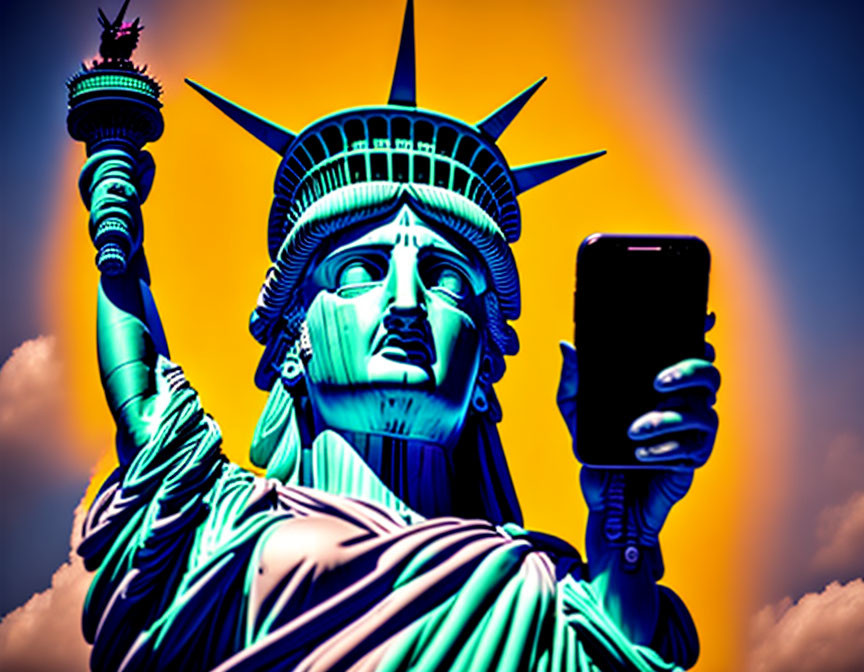 Statue of Liberty with smartphone against gradient backdrop