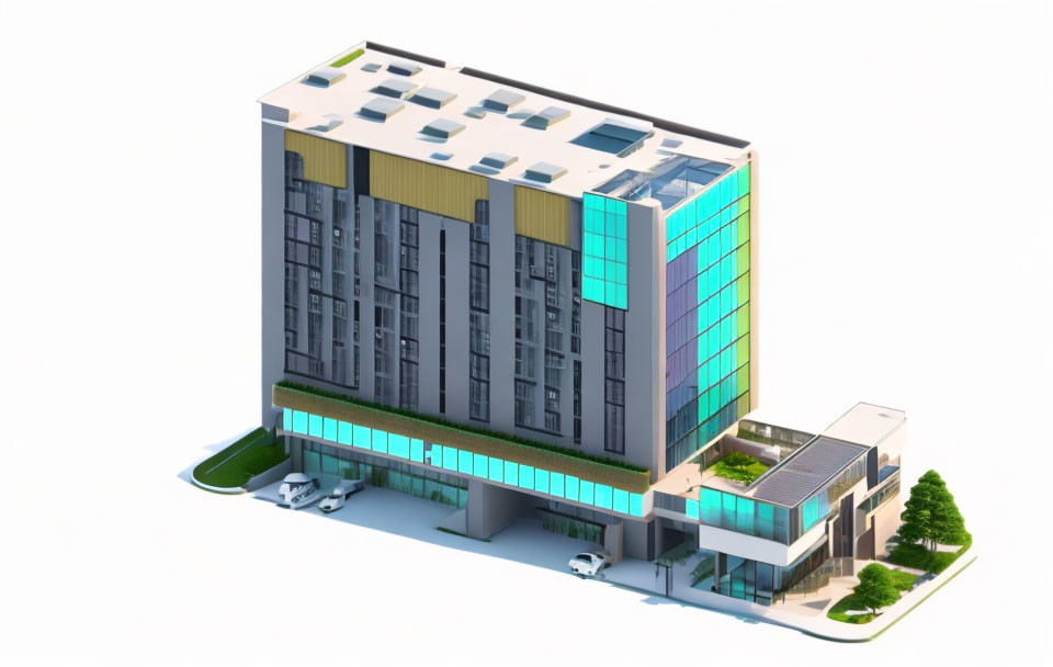 Modern multistory building with glass facade, solar panels, green terrace, and parked cars.