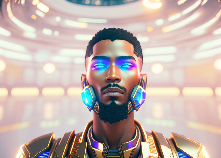 Futuristic male portrait with neon accents on abstract sci-fi background