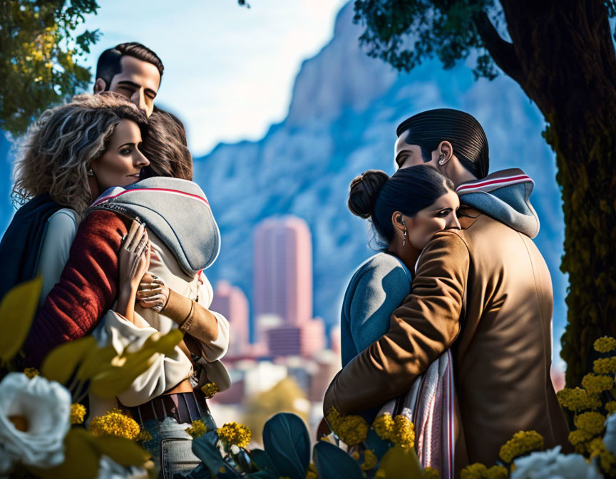 Romantic couples embrace with cityscape and mountains in background