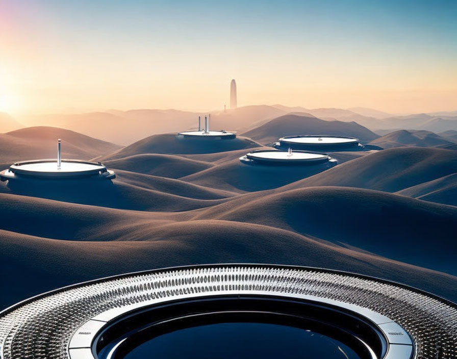 Circular futuristic structures in desert dunes at dawn or dusk.