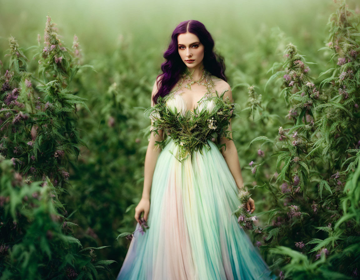 Purple-haired woman in multicolor dress with foliage bouquet amidst greenery