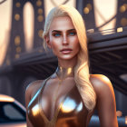 Blonde Woman in Gold Top and Necklace Against Cityscape