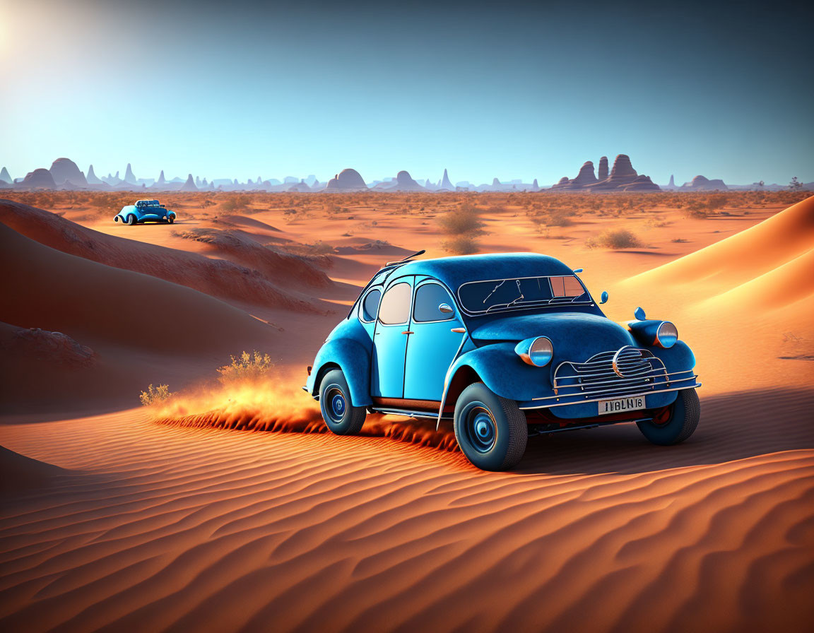 Vintage Blue Car Crosses Desert with Sand Dunes and Clear Sky