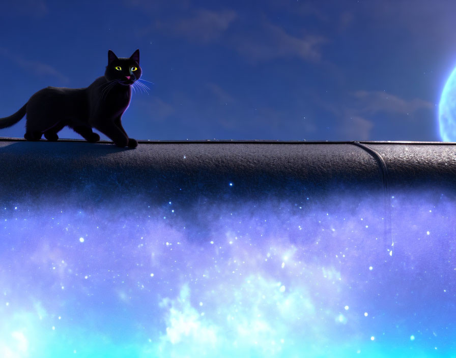 Black cat with yellow eyes on narrow surface with blue nebula and celestial body