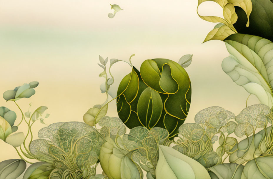 Detailed Stylized Green Foliage Illustration on Gradient Background