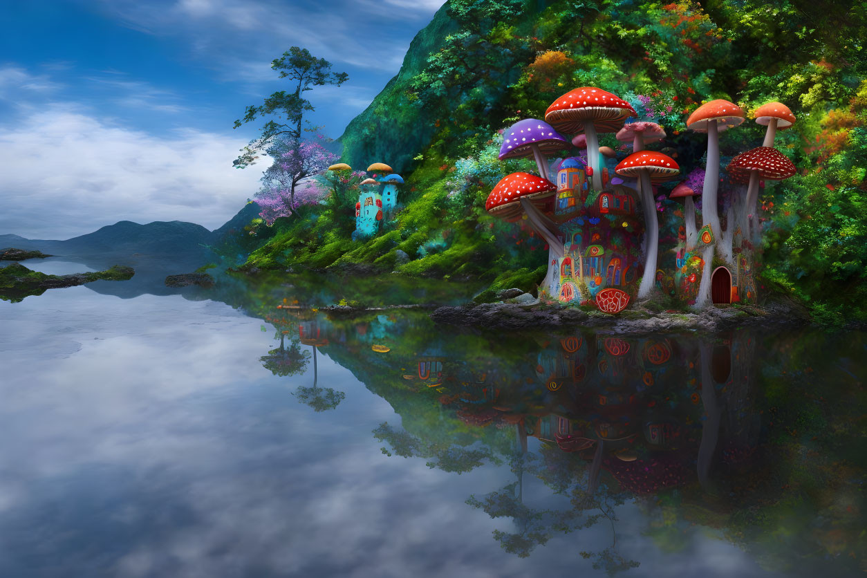 Colorful Mushroom Houses in Fantasy Landscape by Calm Lake