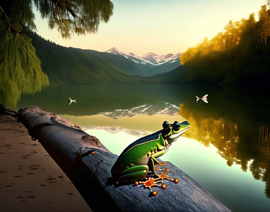 Green frog on log by serene lake with forest hills and mountains at dusk