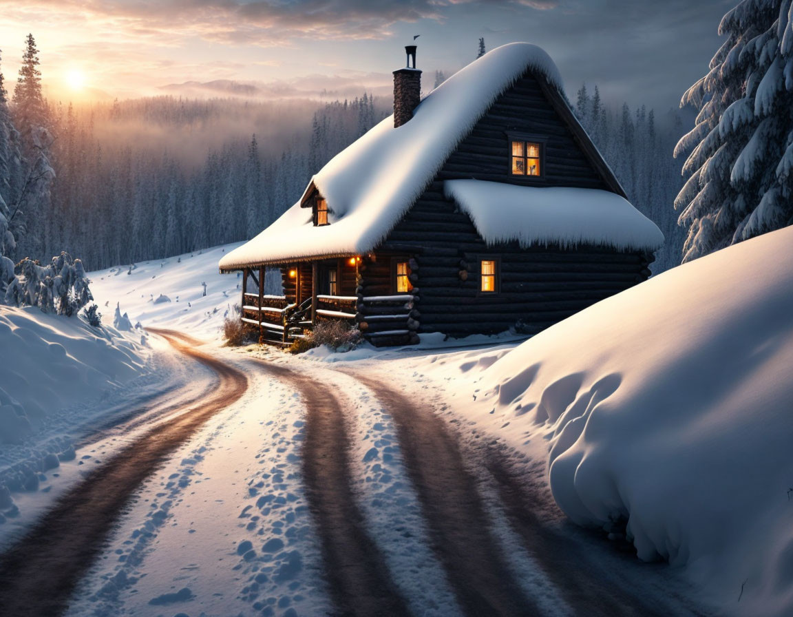 Snowy Twilight Scene: Cozy Wooden Cabin & Glowing Windows