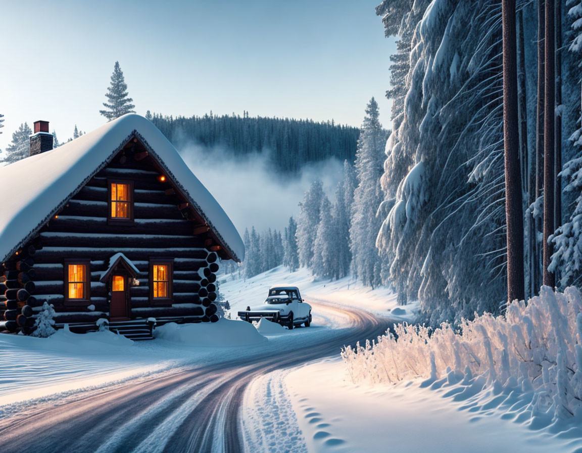 Snowy Road: Log Cabin, Car, Frosty Forest, Blue Sky