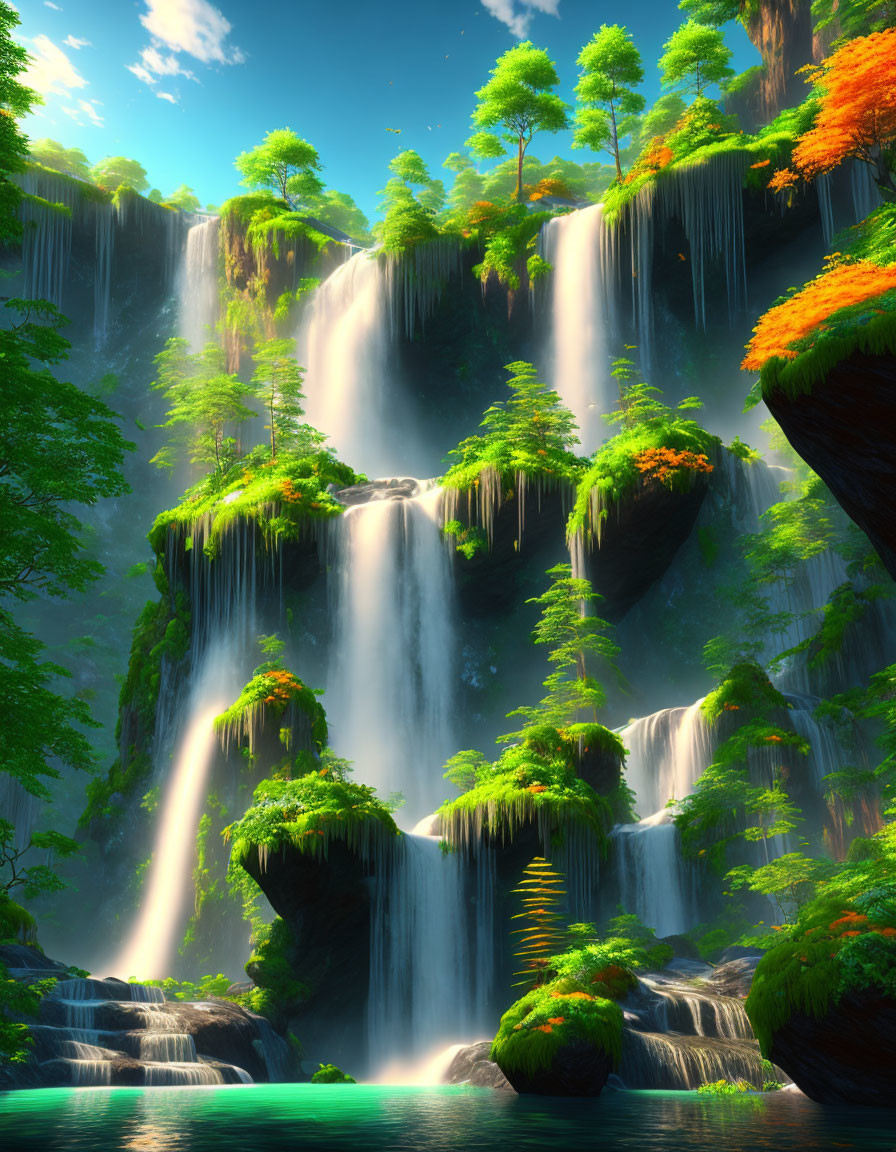 Vibrant waterfall oasis with sunlight, green foliage, rocky cliffs, and blue pool