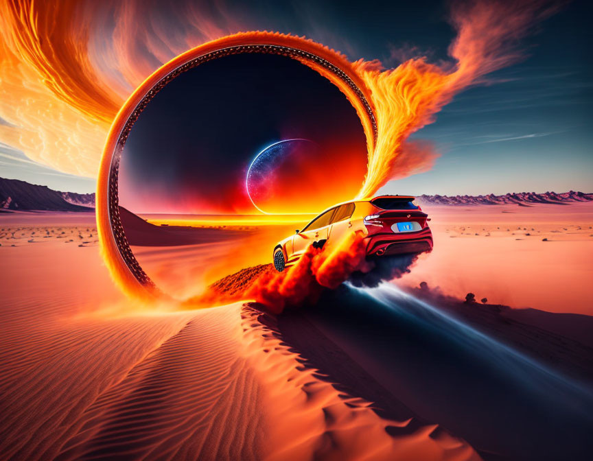 Speeding Car in Desert with Fiery Loop and Planet - Sci-Fi Landscape