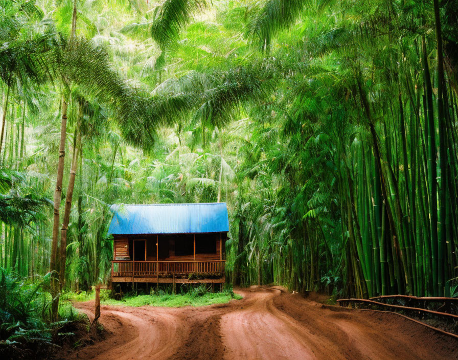 Wooden cabin with blue roof nestled in bamboo forest with dirt path