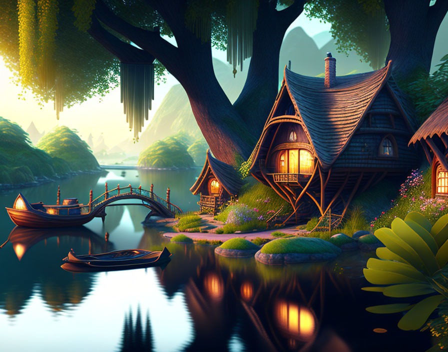 Whimsical cottage by tranquil river at twilight