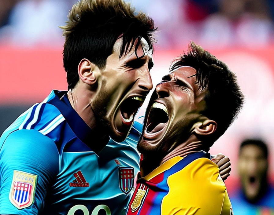 Soccer players in blue and black stripes and yellow and red jerseys celebrating joyfully