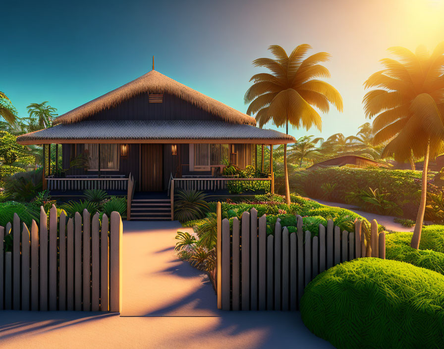 Tropical hut with thatched roof surrounded by palm trees at sunset