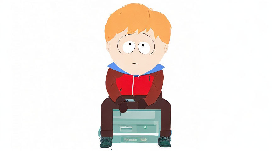 Illustration of character with orange hair, red jacket, blue collar, green pants, sitting on printer