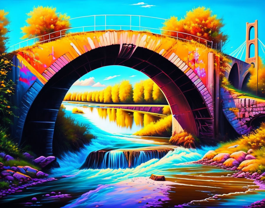 Scenic painting of river, waterfall, bridges under blue sky