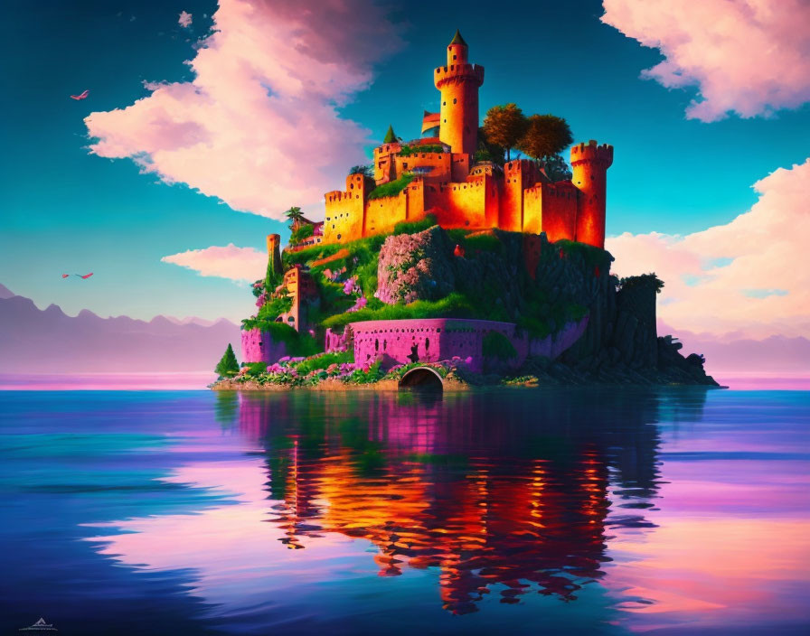 Majestic castle on island with colorful sky and tranquil waters