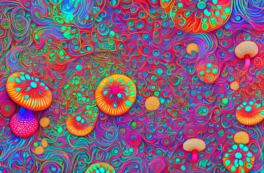 Colorful Psychedelic Pattern with Swirling Designs and Mushrooms