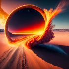 Speeding Car in Desert with Fiery Loop and Planet - Sci-Fi Landscape