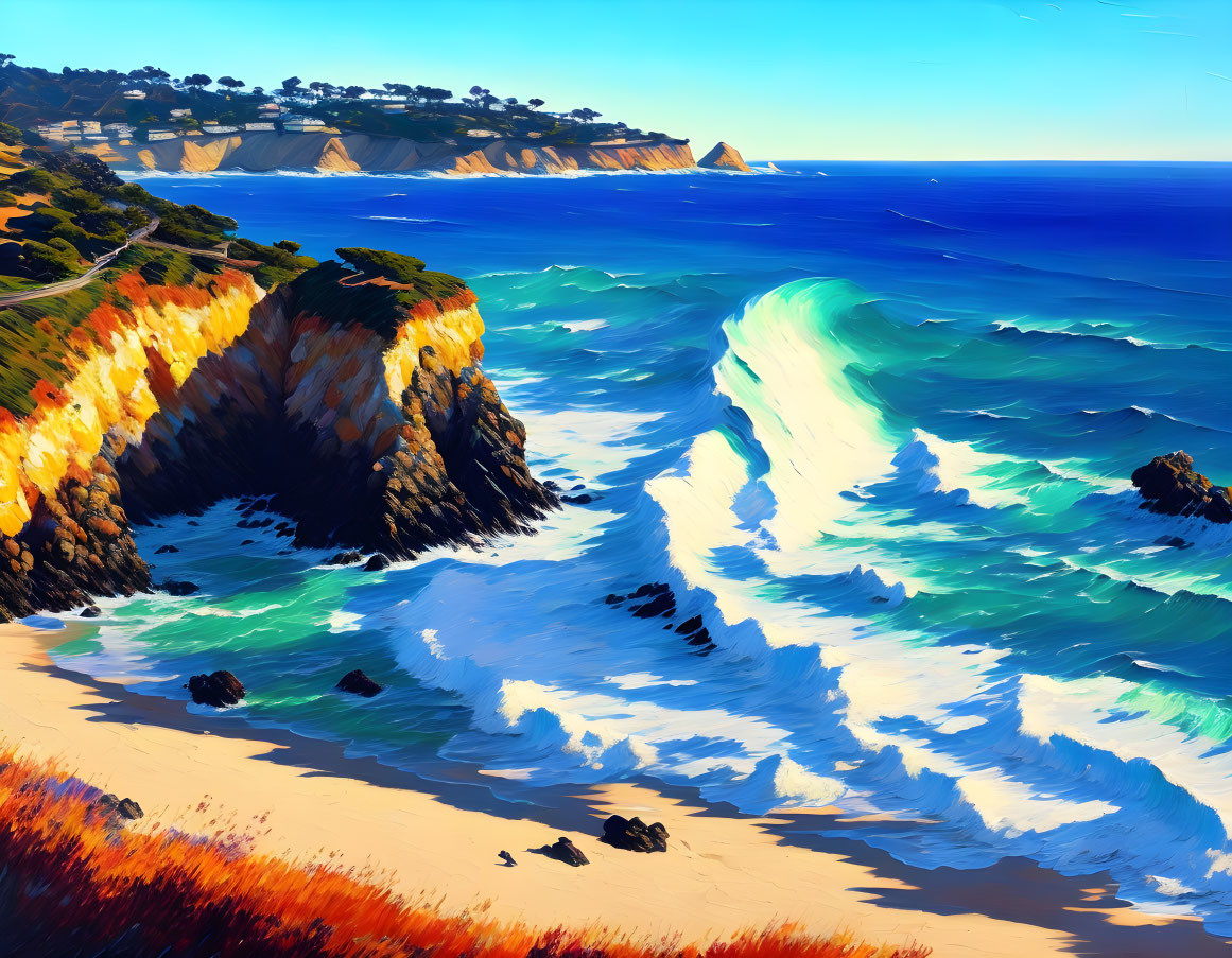 Scenic coastal view: waves, cliffs, blue sky, vibrant flora