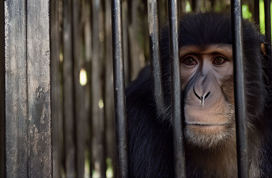 Somber monkey behind metal bars in captivity