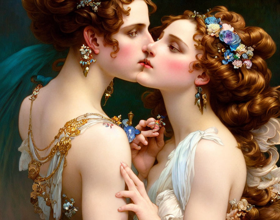 Two women in classical attire with elaborate hairstyles kissing cheek.