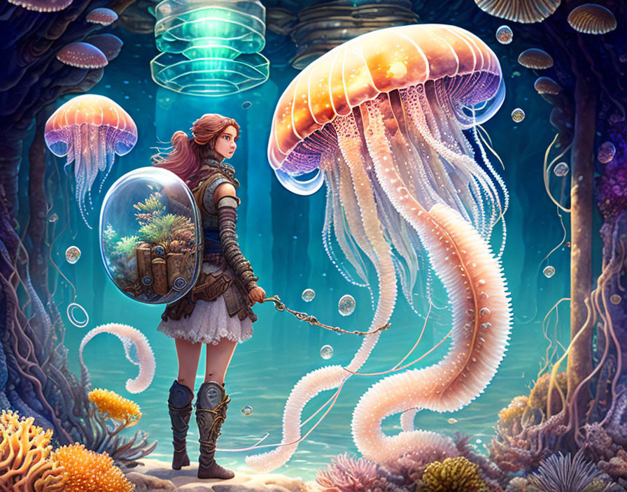 Fantasy woman in armor with giant jellyfish in underwater seascape