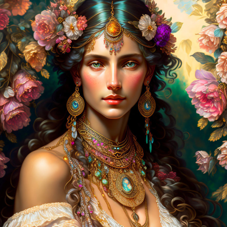 Illustrated woman with gold jewelry in a floral setting